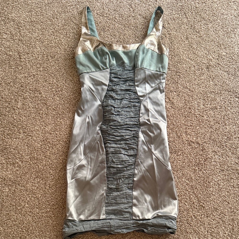 Nicole Miller Silver and Pale Green Metallic Bodycon Dress